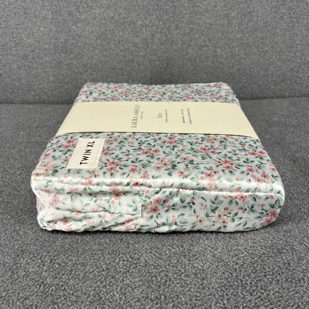 Laura Ashley Satin Sheet Set XL Twin Pink‎ Green Floral Tierney cottage country